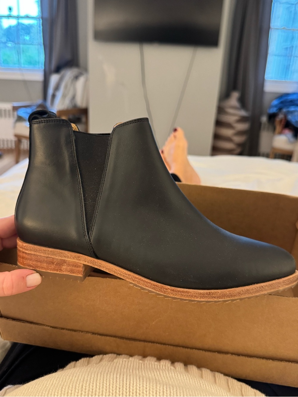 Nisolo Black Leather Chelsea Ankle Boots with Brown Wood-Look Heel